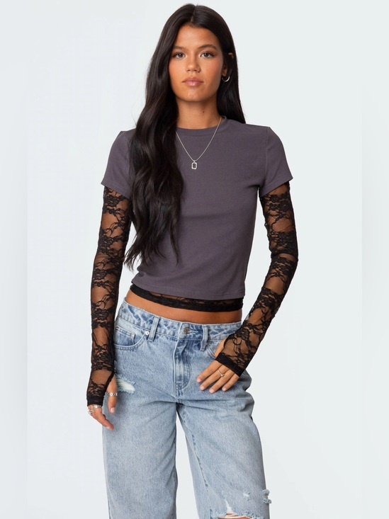 Edikted Tops - EDIKTED Layered Lace Long Sleeve T-Shirt Black Lace Gray Top  Sz S